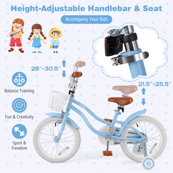Costway 16" Kids Bike Toddler Adjustable Bicycle With Training Wheel For 4-7 Years Old Girl Blue