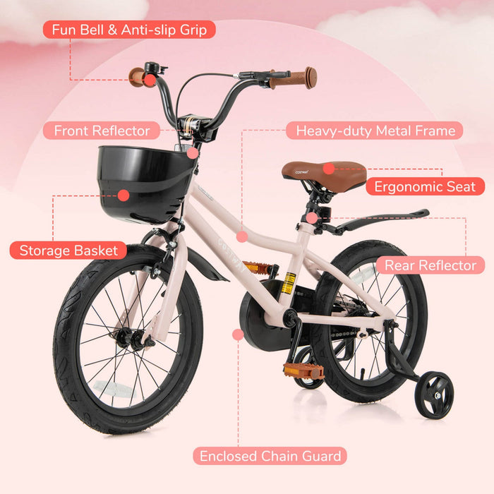 Costway 16" Kid's Bike With Training Wheels Adjustable Handlebar & Seat Handbrake Pink