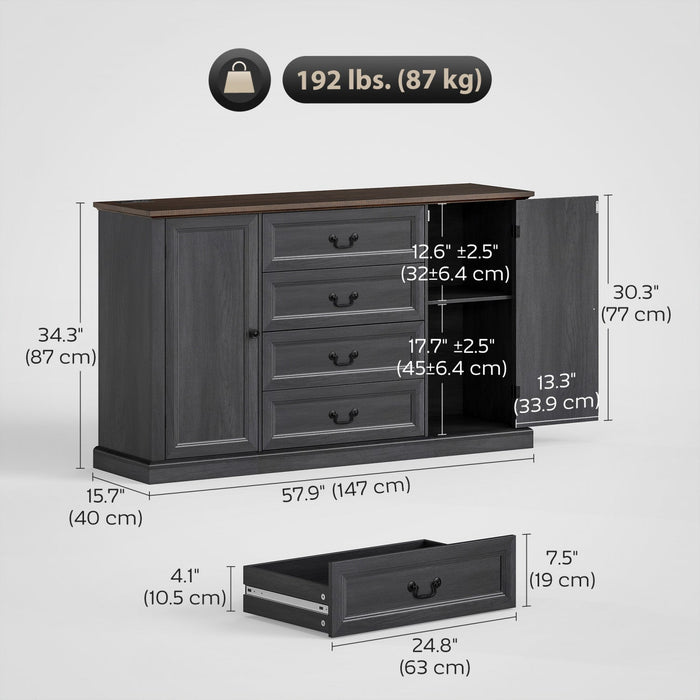 HOMCOM 58" Sideboard Buffet Cabinet with Charging Station Black Wood Grain