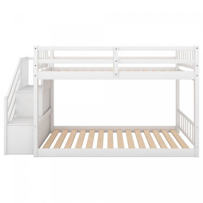 Joanna Twin Floor Solid Wood Bunk Bed With Storage Ladder, Low Height Design - White 