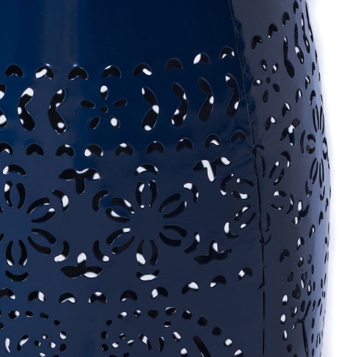 Phoenix Indoor 12\" Barrel Shape Iron Side Table With Lace-cut Design - Navy Blue 