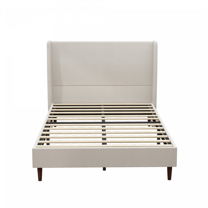 Harper Upholstered Queen Bed Frame with High Headboard, Chenille Fabric - Beige 