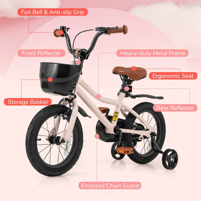 Costway 14" Kid's Bike With Training Wheels Adjustable Handlebar & Seat Handbrake Pink