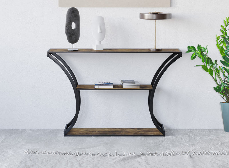 Premium Console Table With Storage Shelf - Reclaimed Wood Look With Black Metal 