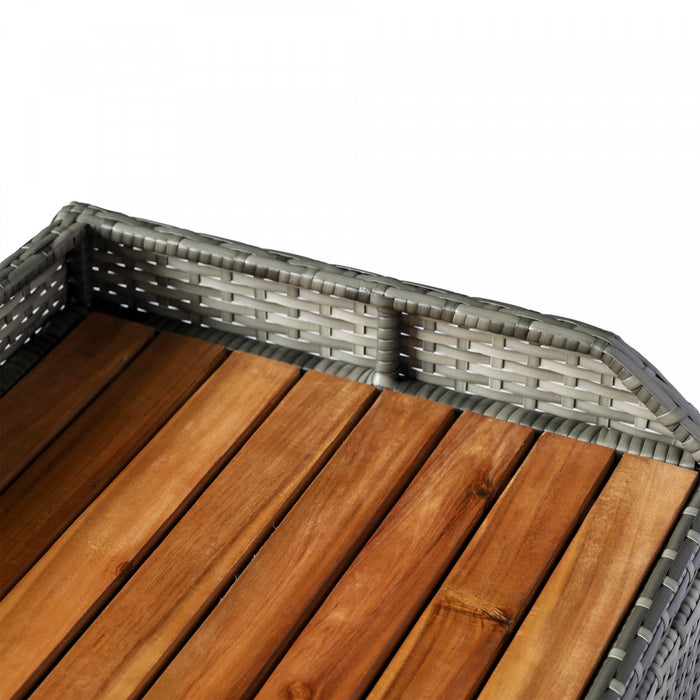 Outsunny Patio Wicker Storage Bench Box with Natural Wood Top Lid Gray
