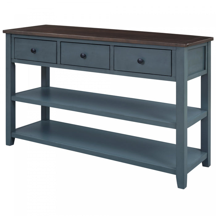 Wendy Solid Wood Console Table With 3 Drawers And 2 Open Shelves,navy Blue Accent Cabinet 