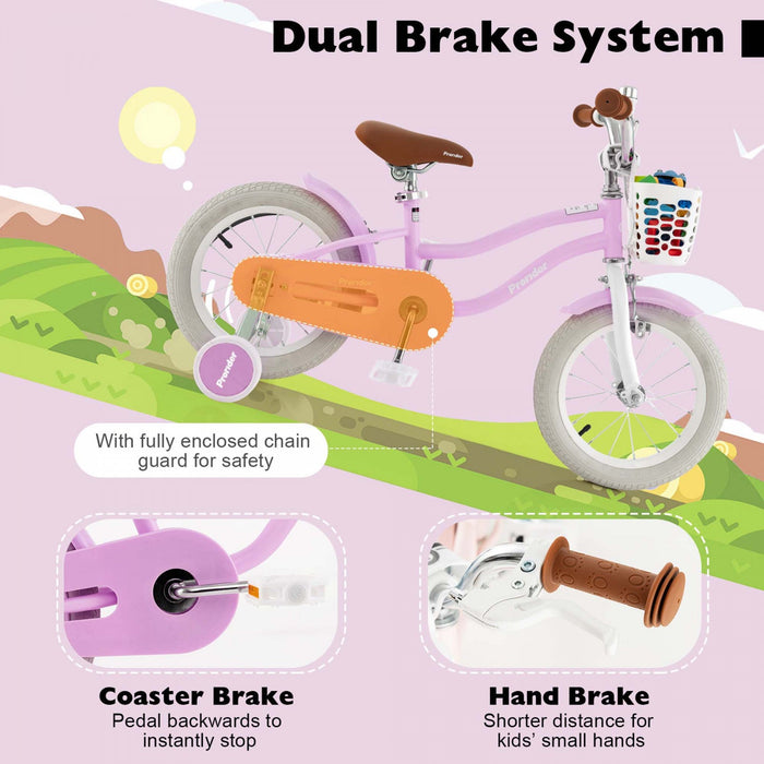 Costway 14" Kid's Bike With Removable Training Wheels & Basket For 3-5 Years Old Purple