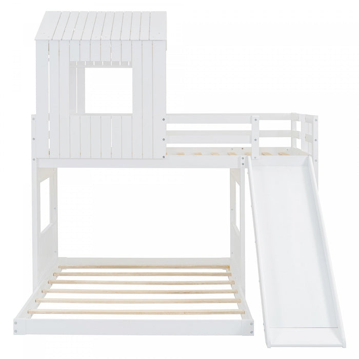 Marico Twin Over Solid Wood Full Bunk Bed With Slide, Playhouse Design - White 