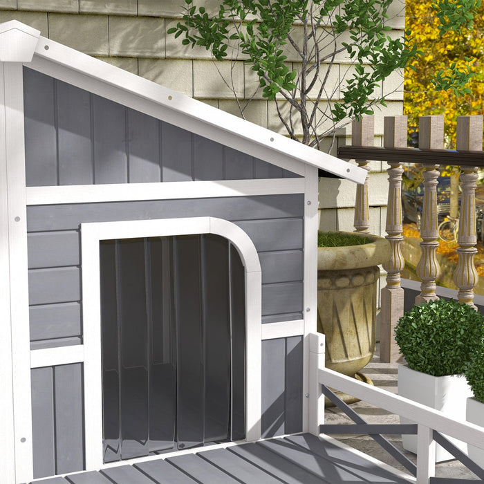 Pawhut 59\"x64\"x39\" Wood Dog House Outdoor Cabin Style Elevated Pet Shelter W/porch Deck, Grey