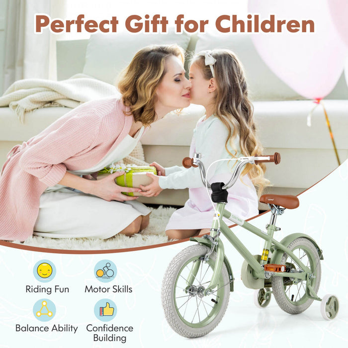 Costway 14" Kids Bike With Adjustable Saddle Handlebar Removable Training Wheels Handbrake Green