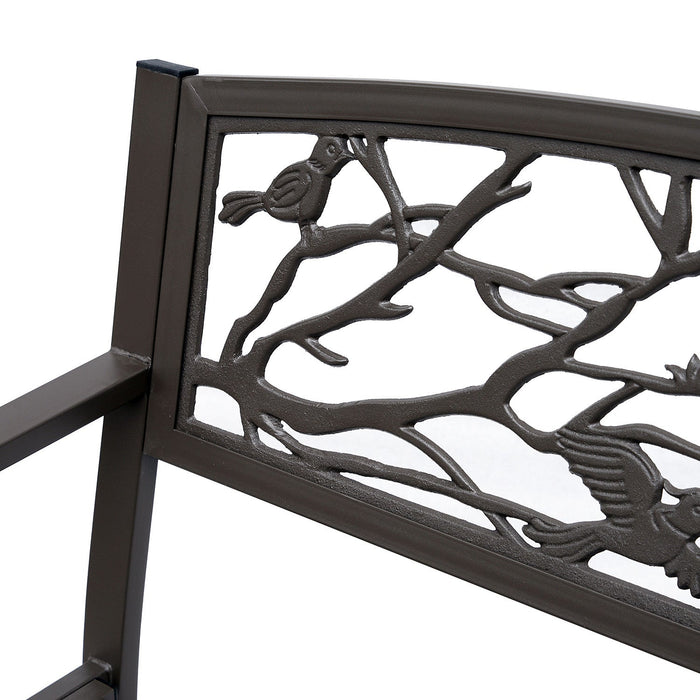 Outsunny 50" Outdoor Metal Garden Bench With Vintage Bird Pattern, Brown