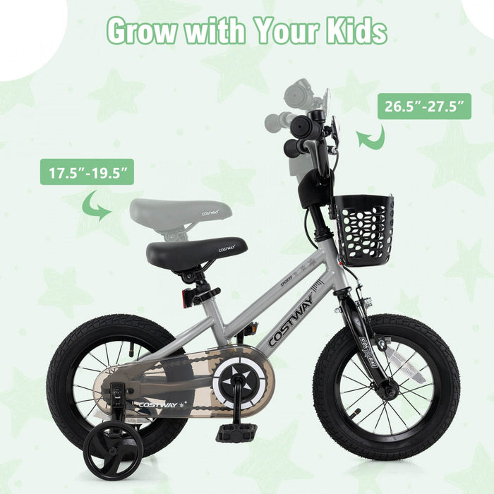 Costway 12" Kid's Bike With Training Wheels Adjustable Handlebar & Seat Handbrake Silver