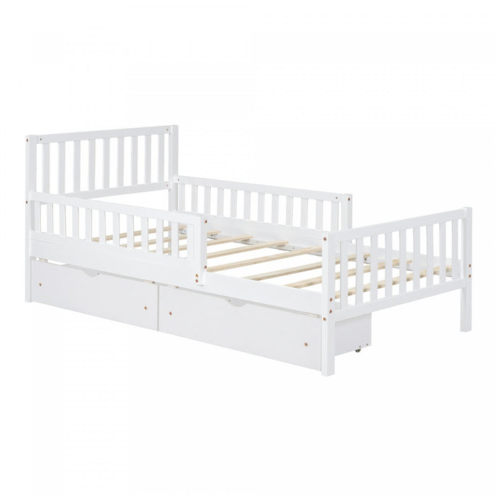 Emma Wood Platform Bed with Guardrails and Storage Drawers,Twin Size - White 