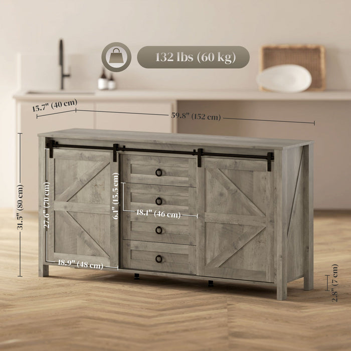 HOMCOM Farmhouse Sideboard Buffet Cabinet with Doors Distressed Light Grey