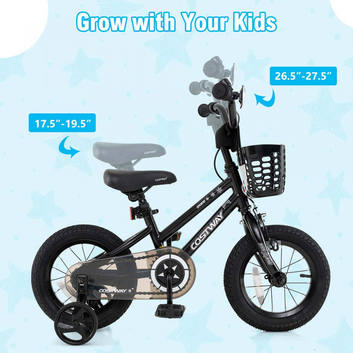Costway 12" Kid's Bike With Training Wheels Adjustable Handlebar & Seat Handbrake Black