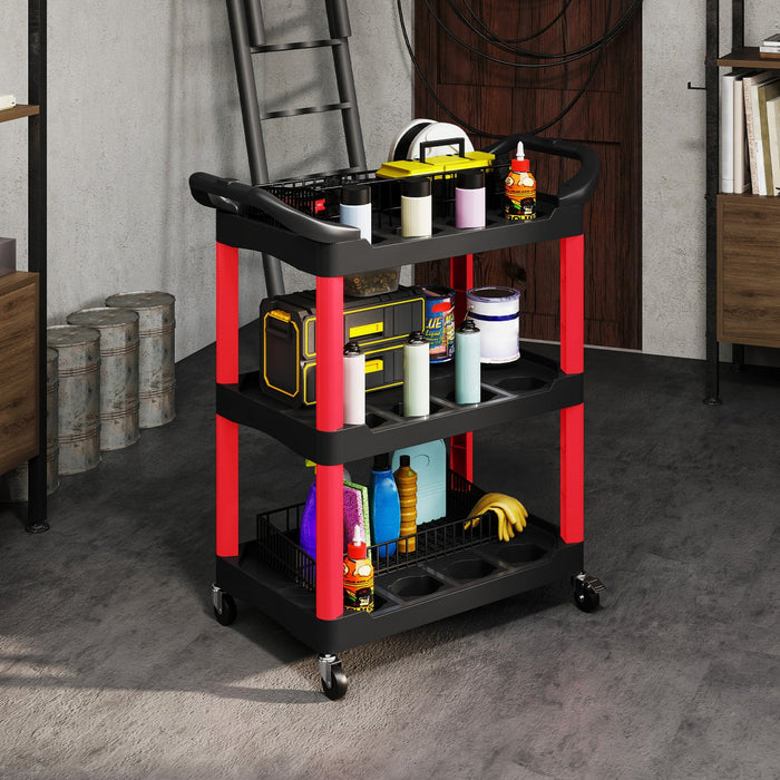 Homcom 3-tier Rolling Tool Cart With Wheels, Plastic Utility Cart, Black