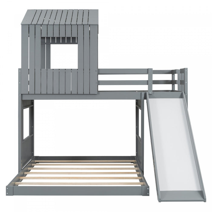 Marico Twin Over Solid Wood Full Bunk Bed With Slide, Playhouse Design - Grey 