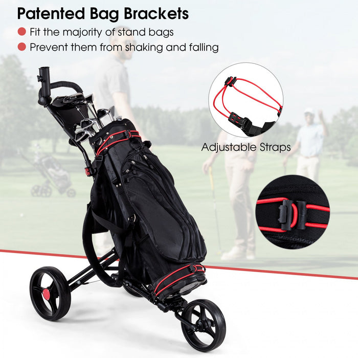 Costway Foldable 3 Wheel Steel Golf Pull Push Cart Trolley Club W/ Umbrella Holder