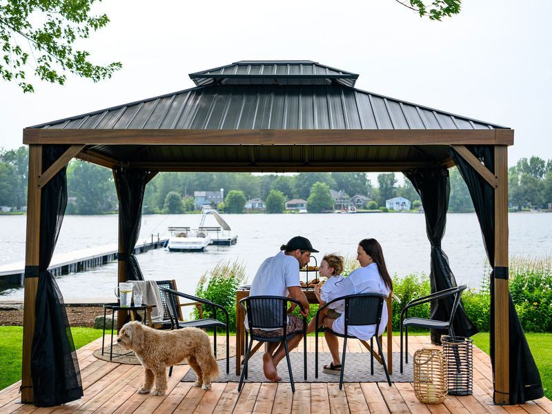 Yosemite 12 X 16' Double Roof Galvanized Steel Roof, Aluminum Posts Wood Finish