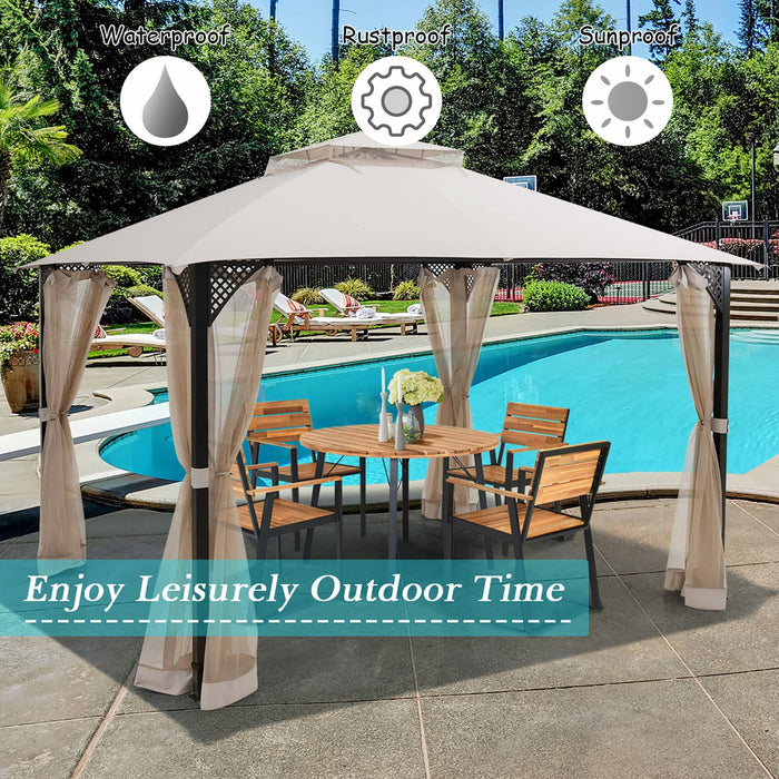 Costway 12' X 10' Outdoor Patio Gazebo Canopy Shelter Double Top Sidewalls Netting Beige