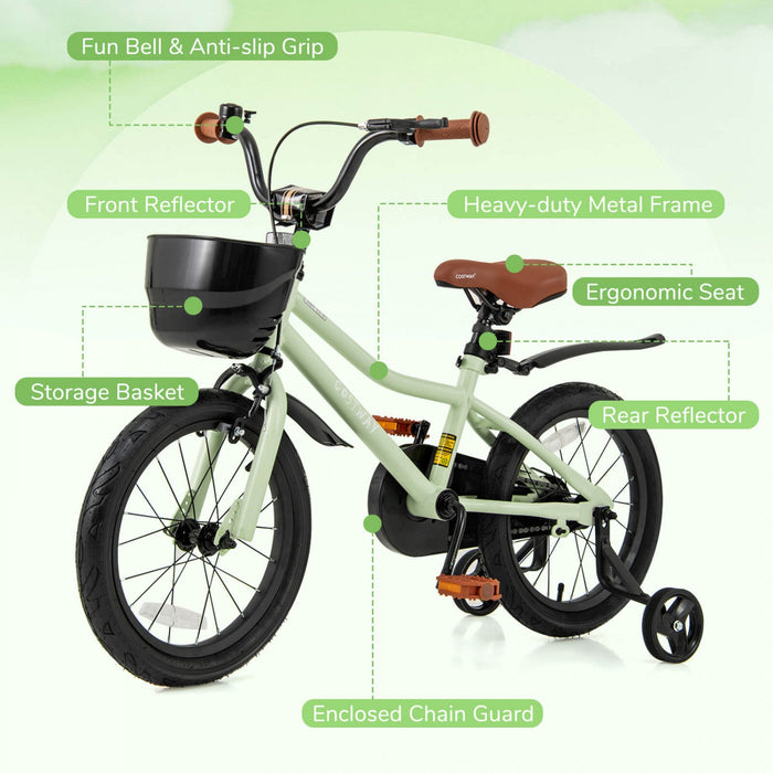 Costway 16" Kid's Bike With Training Wheels Adjustable Handlebar & Seat Handbrake Green