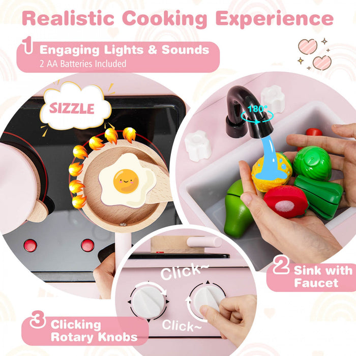 Costway Kids Kitchen Playset With Light Up Stove & Cooking Sounds Oven Sink Faucet Pink
