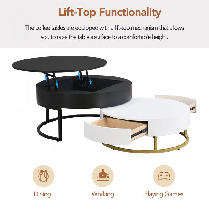 Sherry 31.5\" Round Engineered Wood Lift-top Nesting Coffee Table With Drawers - Black 