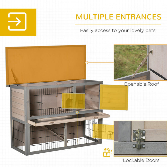 Pawhut 2-tier Wooden Rabbit Hutch Backyard Bunny Cage Habitat Small Animal House W/ Ramp, Slide Out 