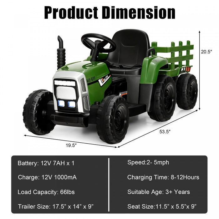 Costway 12v Kids Ride On Tractor With Trailer Ground Loader W/ Rc & Lights Dark Green