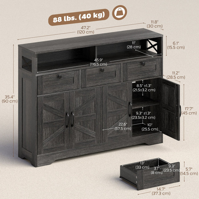 HOMCOM Sideboard, Buffet Cabinet with 4 Barn Doors and 3 Drawers Dark Brown