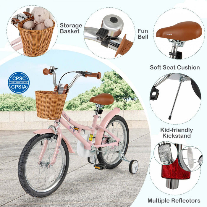Costway 18" Kids Bike With Height Adjustable Handlebar Seat Basket Bell Training Wheels Pink