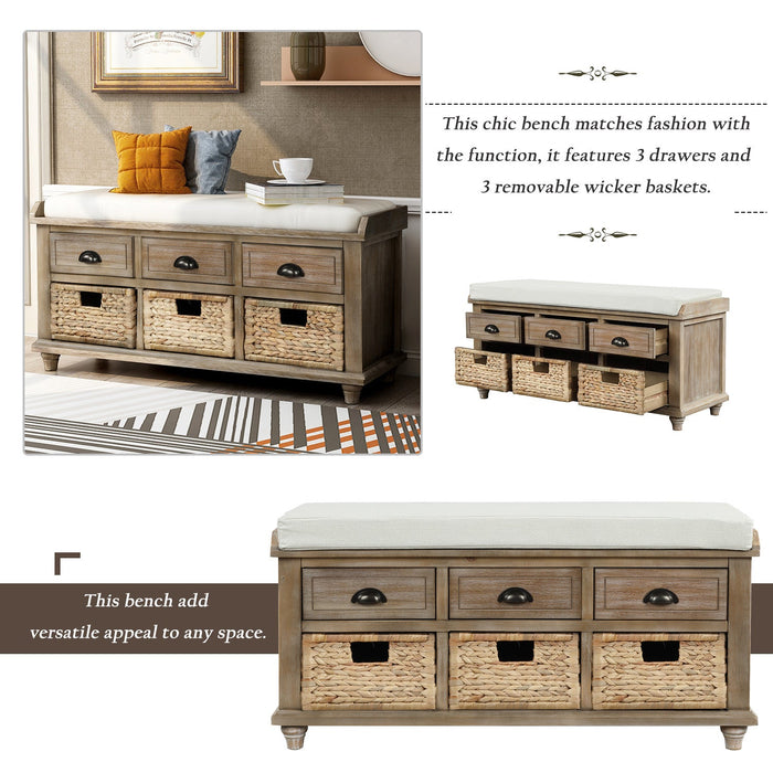 Harvey Solid Wood Storage Bench With Drawers And Rattan Baskets - Light Brown 