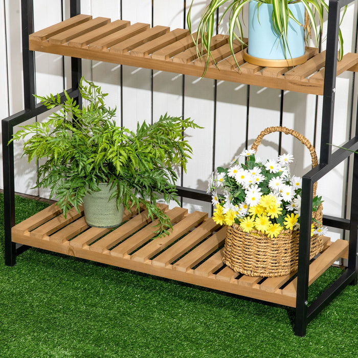 Outsunny 3 Tiered Plant Stand With Hanging Hooks And Metal Frame, Tall Plant Shelf Flower Pot Holder