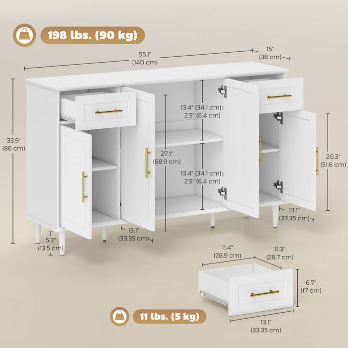HOMCOM 55" Modern Sideboard Buffet Cabinet with Soft-Close Doors White