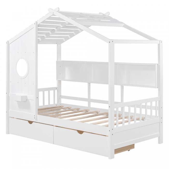 Jeames Wood House Bed with 2 Storage Drawers and Shelf,Twin Size - White 