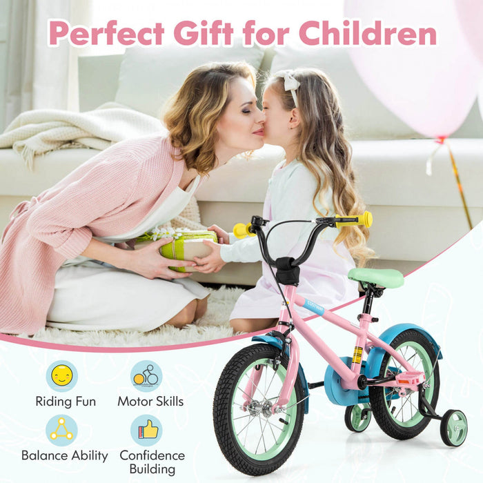 Costway 14" Kids Bike With Adjustable Saddle Handlebar Removable Training Wheels Handbrake Pink