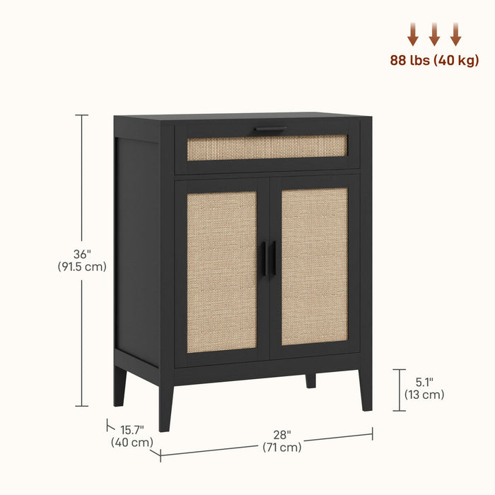 HOMCOM Boho Floor Storage Cabinet with Rattan Decorated Doors Drawer Black
