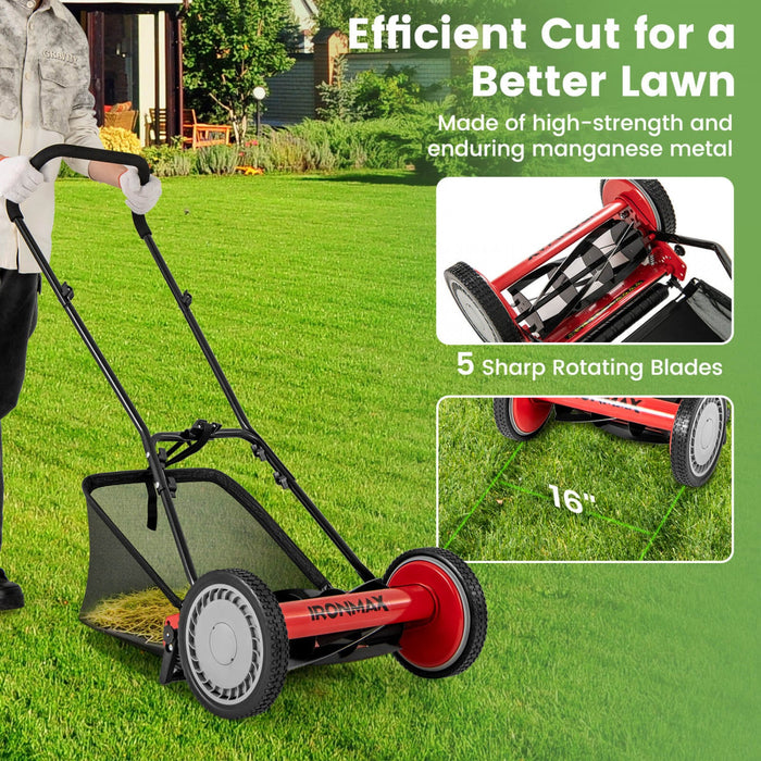 Ironmax 16" Push Lawn Mower With 5-blade 6.9 Gallon Removable Grass Catcher For Garden Red