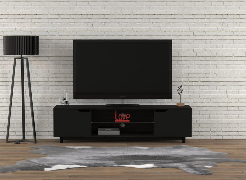 59” TV Stand With 2 Shelves and 2 Black Doors - Dark Grey Wood 