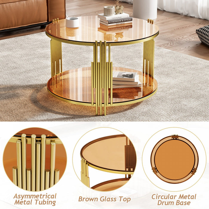 Jonas 31.5\" Round Tempered Glass Coffee Table With Lower Shelf - Brown 