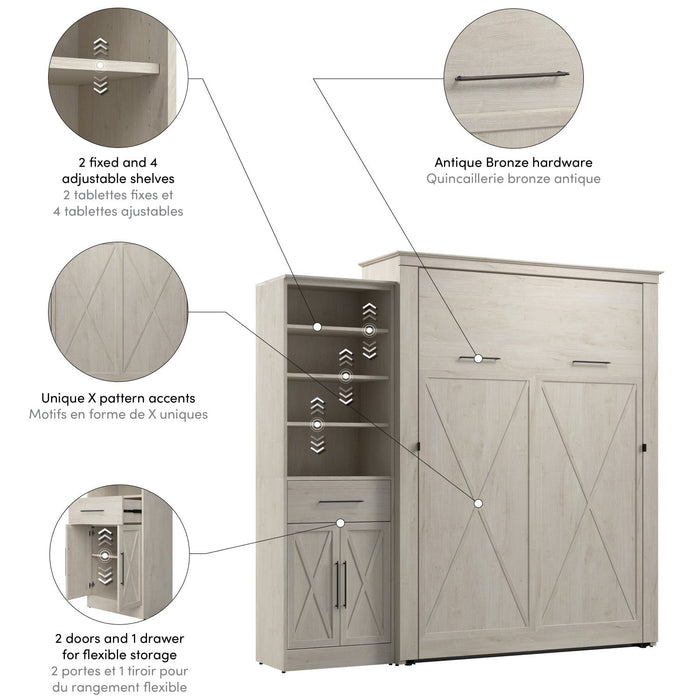 Bestar Key West Queen Murphy Bed & Closet Organizer with Drawer & Doors (94 W) - Linen White Oak