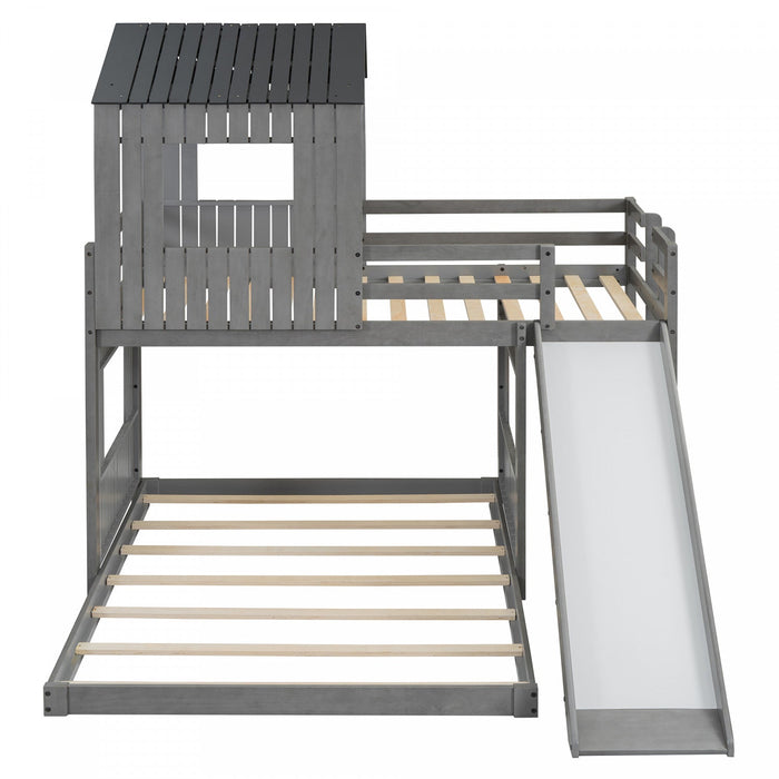Marico Twin Over Solid Wood Full Bunk Bed With Slide, Playhouse Design - Antique Grey 