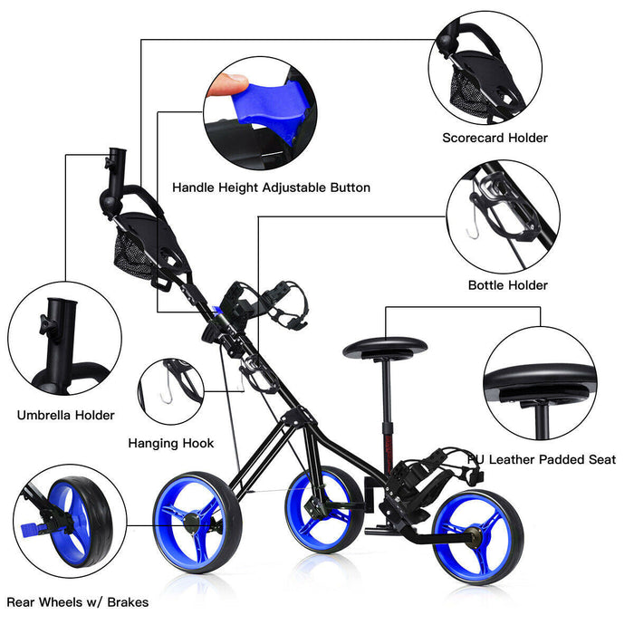 Costway Foldable 3 Wheel Push Pull Golf Club Cart Trolley W/seat Scoreboard Bag Blue