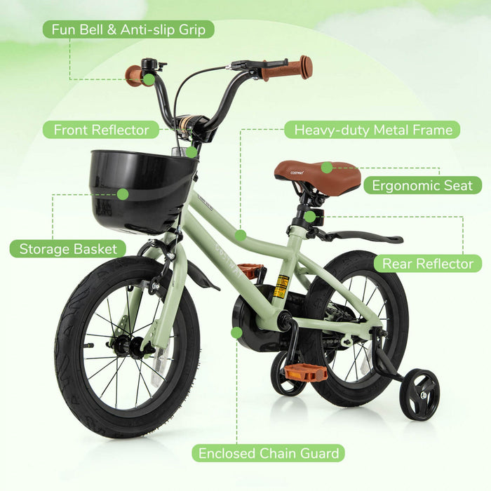 Costway 14" Kid's Bike With Training Wheels Adjustable Handlebar & Seat Handbrake Green