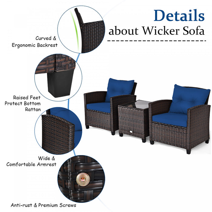 Costway 3pcs Patio Rattan Furniture Set Cushioned Conversation Set Coffee Table Navy