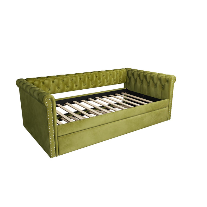 Sophia Tufted Design Upholstered Daybed with Trundle and Comfortable Backrest,Green  