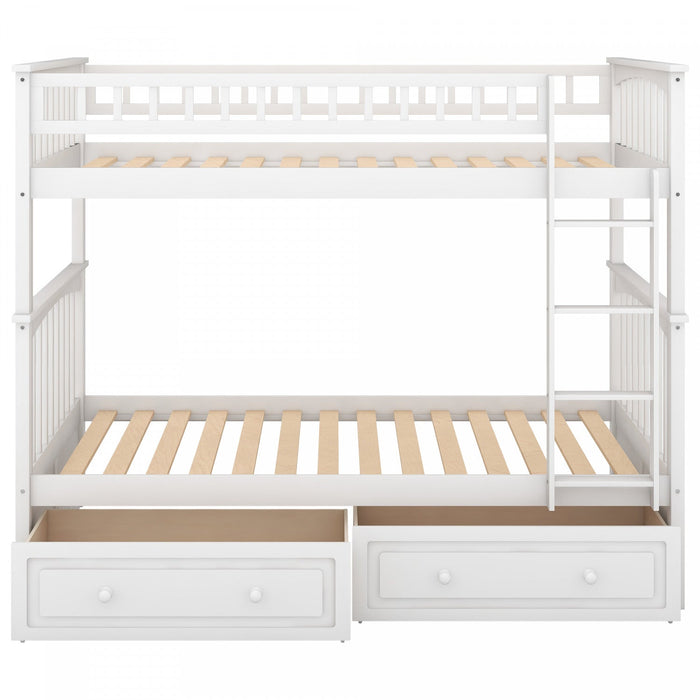 Elvis Solid Wood Convertible Bunk Bed With Drawers, Twin Size - White 