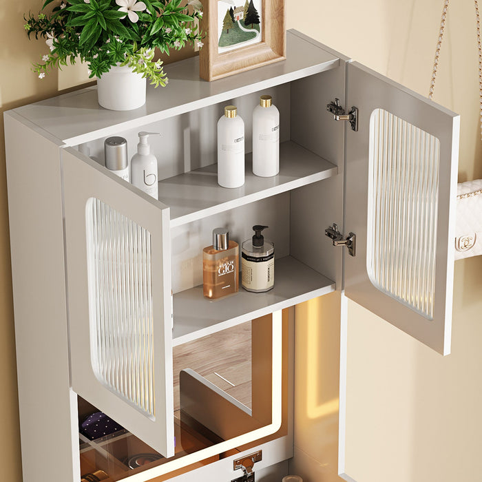 Emily 3-in-1 Vanity Table Set with LED Mirror and Storage,White Mirror Cabinet  