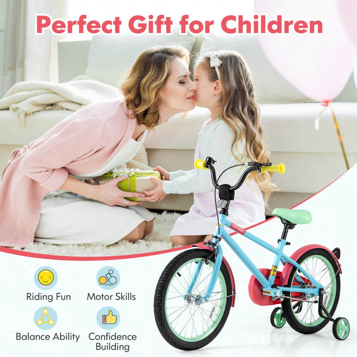 Costway 18" Kids Bike With Adjustable Saddle Handlebar Removable Training Wheels Handbrake Red