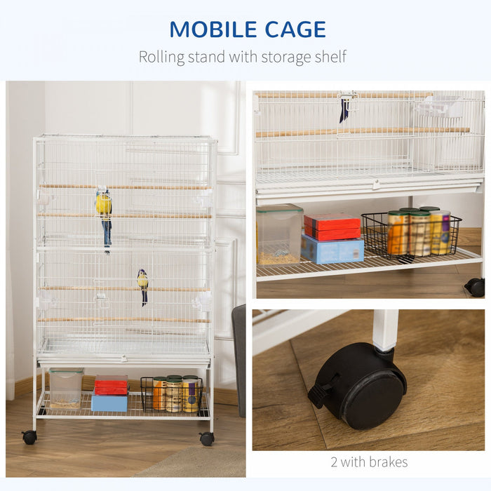 Pawhut 52\" Large Rolling Steel Bird Cage Bird House With Rolling Stand, Storage Shelf, Wood Perch, F